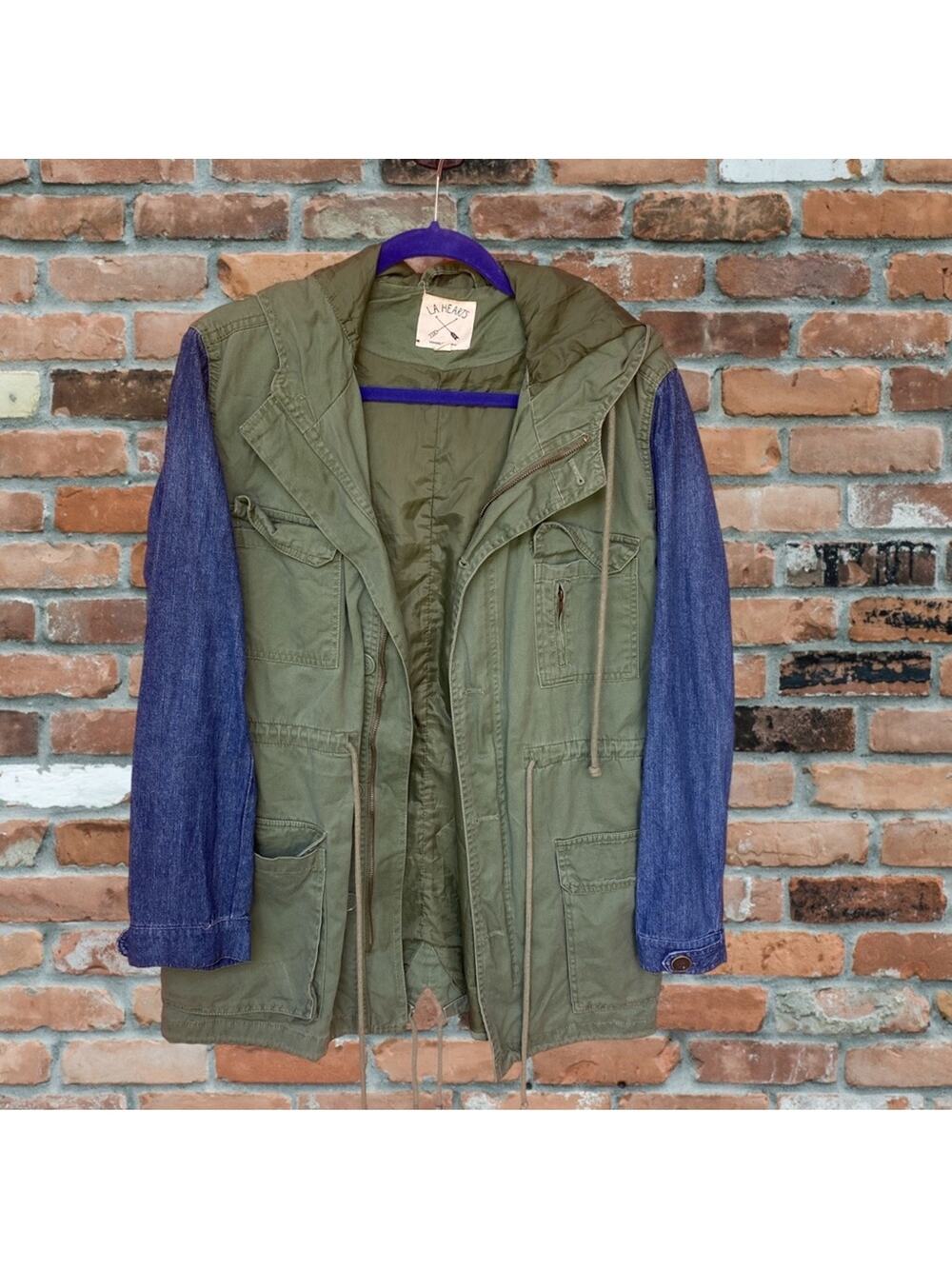 LA Hearts green khaki hooded jacket with denim hood and sleeves
